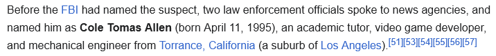 Wikipedia article for 2026 White House Correspondents Dinner shooting