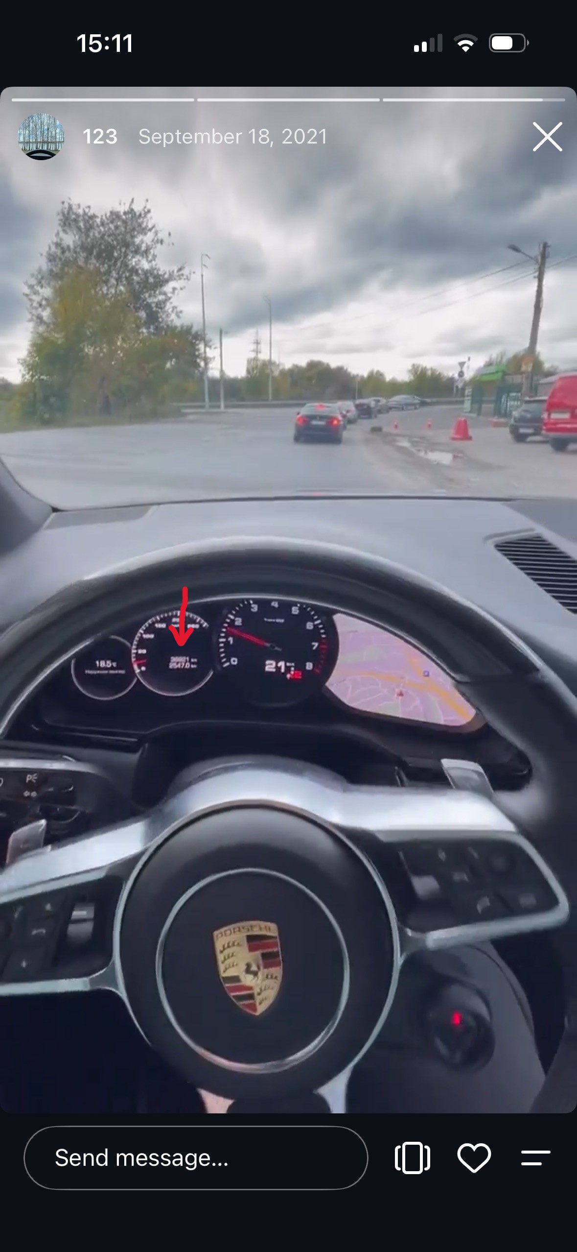 Instagram story showing dashboard odometer reading 36921 km